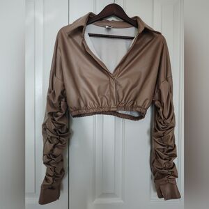 Faux Leather Camel Long Sleeve Top with Ruched and Cinched Waist